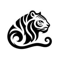Black and white stylized tiger head profile, minimalist tribal with ornate swirls and strips on solid white backdrop. vector