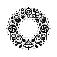Intricate black and white circular illustration featuring a delightful, whimsical arrangement of candy, sweets, and floral elements, creating a sweetthemed decorative border. vector