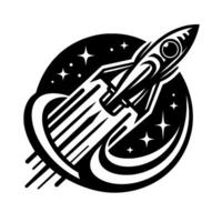 A black and white retrostyle rocket blasting off against a starfilled night sky within a circular frame, emitting trails. vector