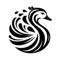A stylized black and white swan logo, rendered in a clean, minimalist with a curved body, abstract water drops, and a focus on elegant lines. vector