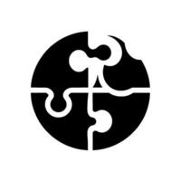 Isolated black and white puzzle four pieces assembled within a circle, featuring one missing section, on plain white background. vector