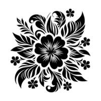 A symmetrical black and white floral featuring a large central bloom surrounded by stylized leaves and smaller flowers, creating a decorative motif. vector