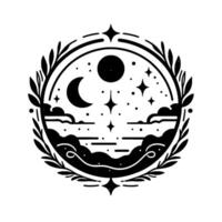 Monochromatic circular emblem depicts a stylized night landscape with crescent moon, stars, clouds, sun, and foliage, creating a mystical, natureinspired design. vector
