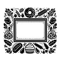 Monochromatic bakery frame with bread, pastries, floral flourishes, rolling pin, and geometric flourish elements. vector
