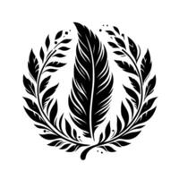 Black and white minimalist illustration a feather centerpiece within a laurel wreath, clean, elegant, and symmetrical. vector