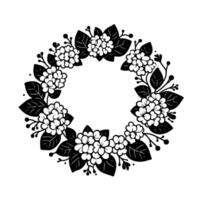 Elegant monochromatic floral wreath, circular arrangement of stylized hydrangea and foliage on white background. vector
