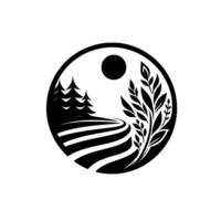 Monochromatic round featuring a serene landscape fields, evergreen trees, plants, and a sun. vector
