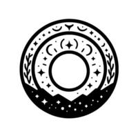Intricate celestial mandala black white symbolic circular with moons, stars, mountains, and nature elements in a sacred geometry composition. vector
