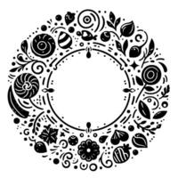 Intricate floral and oceanic wreath illustration with diverse elements in black and white, circular frame, and detailed design. vector