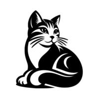 Elegant black and white cat portrait a simplified, stylized illustration with whiskers, curved details, and a playful gaze, against a clean white backdrop. vector