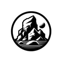 Stylized monochrome landscape illustration of majestic mountains reflected in calm waters, with a dotted sun within a circular frame, creating a bold, design. vector