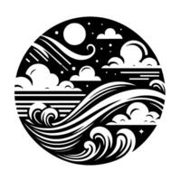 Circular monochrome featuring ocean waves, clouds, stars, and sunmoon, creating dynamic and symbolic contrast. vector