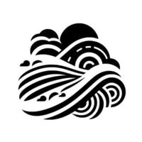 Abstract monochrome artwork of layered, stylized cloudlike forms and undulating wavelike patterns on white background, evoking movement. vector