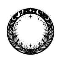 Celestial floral wreath a monochrome circular design, adorned with crescent moons, stars, and botanical elements. vector