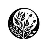 Black and white stylized illustration of a plant with leaves inside a circle with a moonlike and subtle dots. vector