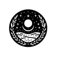 Celestial circle black and white featuring crescent moon, stars, and a landscape with foliage border. vector