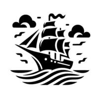 Stylized black and white silhouette of a sailing ship on choppy seas with clouds. vector