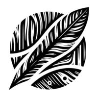 Bold black and white stylized composition of overlapping featherlike shapes within a circular design. vector