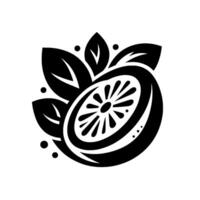 Stylized black and white citrus slice with leaves and dots, illustration for branding and design. vector