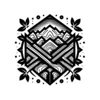Geometric emblem mountainous landscape with crosshatched elements, leaf accents, and dot border in black and white. vector