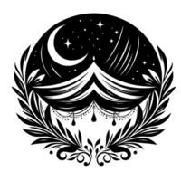 Black and white circular illustration celestial night scene with crescent moon, stars, and floral garland, minimalist vector