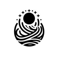 Stylized black and white illustration of a celestial sphere cradled by swirling lines, with surrounding stars and dots. vector