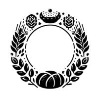 Circular black and white illustration of a bread wreath with wheat, leaves, and buns a template for design. vector