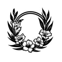 A graceful black and white floral wreath design, featuring gladiolus and other delicate flowers, encircling a central blank space on white. vector