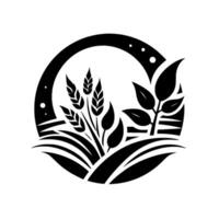 A minimalist black and white of wheat and leaves inside a circle, representing agriculture and nature. vector