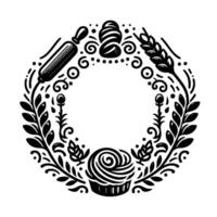 Black white bakery wreath rolling pin, loaf, wheat, cupcake, and floral elements arranged in a circular, ornamental design. vector