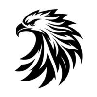 Bold black and white eagle head silhouette with intricate feather detailing and intense gaze on a clean white background. vector
