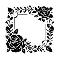 Elegant black and white floral border featuring two roses, leaves, branches, and berries, arranged as a frame. vector
