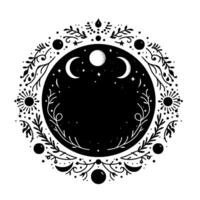 Celestial mandala crescent moons, sunbursts, twigs dots forming a circular frame with a central black space on a white background. vector