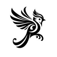 Stylized black and white bird in flight, featuring curved lines and ornamental detail, isolated on white background. vector