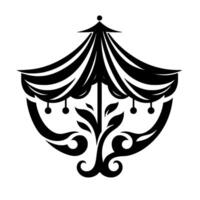 Black white stylized circus tent emblem with decorative leaves and hanging orbs, symmetrical elegant. vector