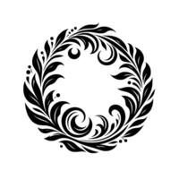 Circular black and white floral ornament elegant leafy with swirls and dots on a white background, decorative wreath. vector