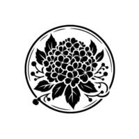 Black and white floral emblem hydrangea, leaves, berries, and swirls enclosed in a circular frame on white background. vector