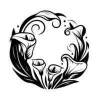 A symmetrical, stylized black and white illustration of a calla lily wreath, featuring delicate lines, swirls, and dots. vector