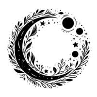 Celestial crescent moon and planetary orbits within a floral wreath, black and white cosmic illustration vector