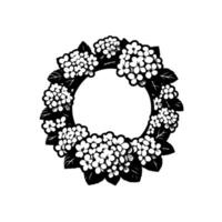 Elegant floral wreath illustration black and white, hydrangeas and leaves forming a circular frame on white background. vector