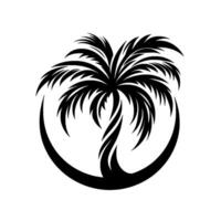 A stylized, black and white, symmetrical depicting a tropical palm tree framed within a crescent, conveying a sense of serenity and travel. vector