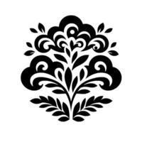 Symmetrical black damask floral design, botanical silhouette on white background, resembling an elegant blossom or tree, with stylized leaves and swirls. vector