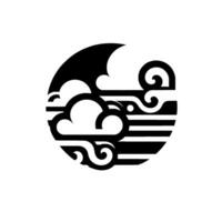 Black and white minimalist featuring stylized clouds, swirls, and stripes within a circular frame. vector