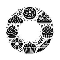 Stylized black and white bakery delight a circular garland of pastries, sweets, and floral elements in a minimalist design. vector