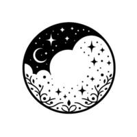 Intricate black and white circular illustration crescent moon, stars, and botanical elements, creating celestial dreamscape. vector