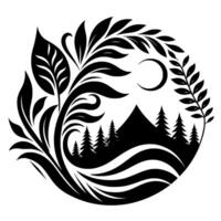 Monochromatic yinyang style nature composition mountains, trees, moon foliage, forming a circular, symbolic design. vector