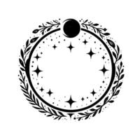 Celestial crest a monochrome circle with a full moon, twinkling stars, and stylized leafy branches. vector