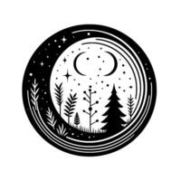 Black and white circular illustration of a serene nighttime forest scene with crescent moons, stars, trees, and plants within a cosmic frame. vector
