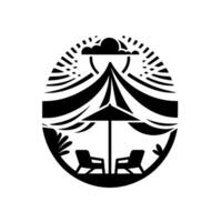 A minimalist, black and white illustration of a beach scene within an oval frame, featuring chairs, an umbrella, tentlike structure, and stylized sun. vector
