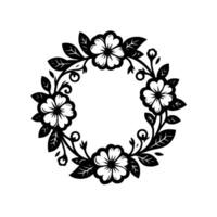 Elegant black and white floral wreath with detailed flower and leaf pattern, perfect for invitations and elements, minimal style. vector